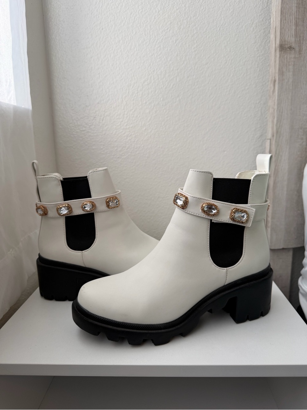 Steve Madden White Chelsea Boots with Jeweled Strap